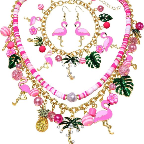 Tropical Flamingo Jewelry Set Alloy 3-Piece Summer Beach Accessory Gift - Picture 1 of 7